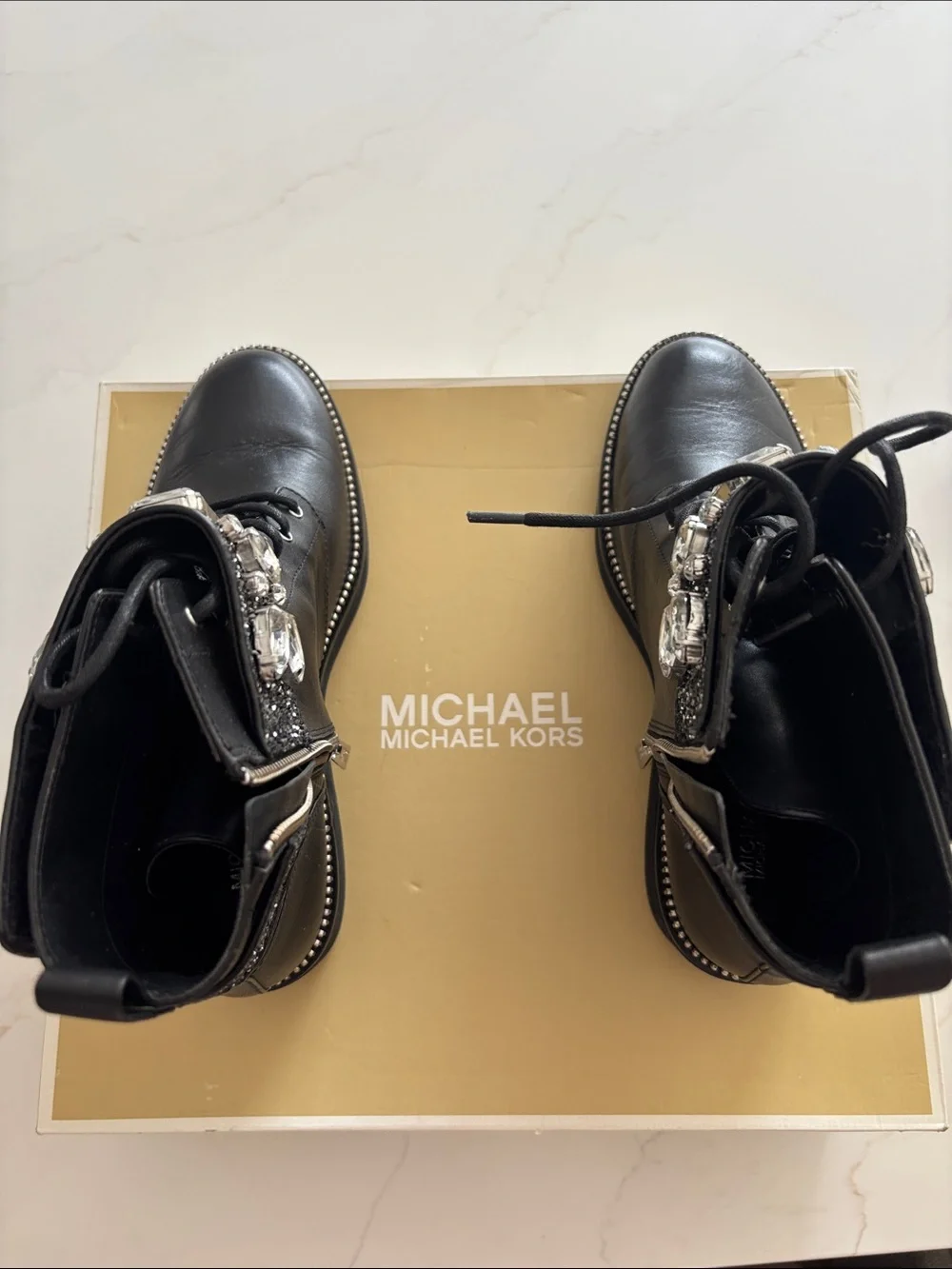 Michael Kors Black Lace-Up Leather HASKELL Boots with Jeweled Glitter Cuff